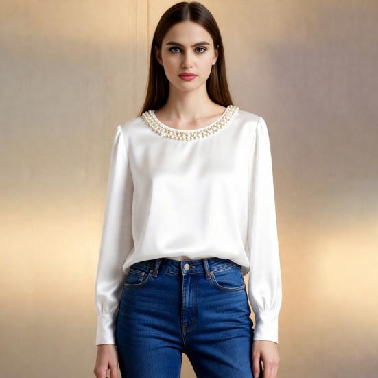 Women Tops Round Neck Long Sleeve Smooth Satin Pullover Tops Solid Color Loose Fit Faux Pearls Decor Casual Shirt Daily Wear