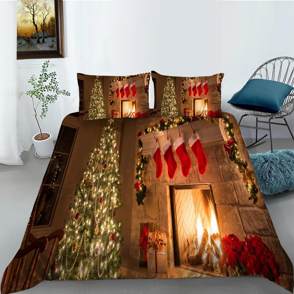 Christmas Stockings Duvet Cover Print Fireplace Polyester For Kids Boy Girl Christmas Present Christmas Element Theme Room Decor