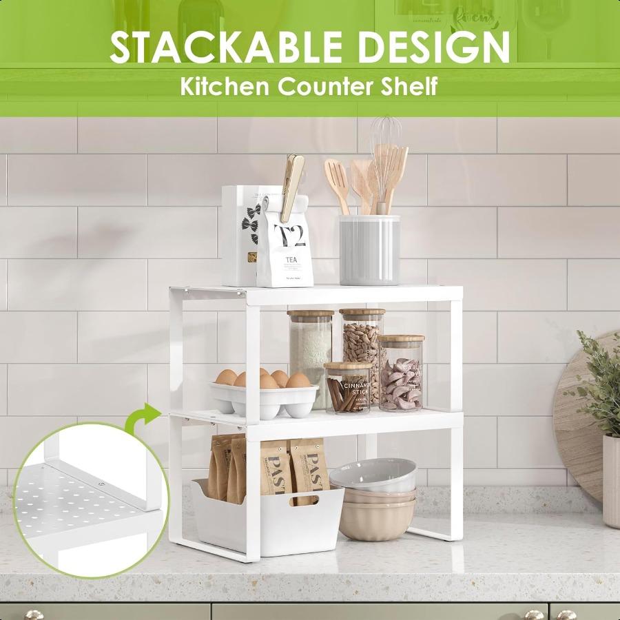 Expandable Cabinet Shelf Organizers Set of 2 Stackable Kitchen Countertop Shelf Storage Spice Rack Mug Organizer for Cabinet Co