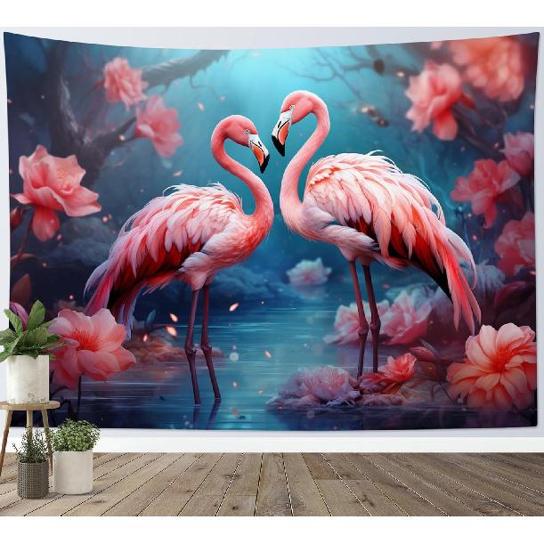 HVEST Pink Flamingo Tapestry Tropical Bird and Pink Floral In Rainforest Tapestry Wall Hanging Forest Nature Landscape Wall Art for Bedroom Living