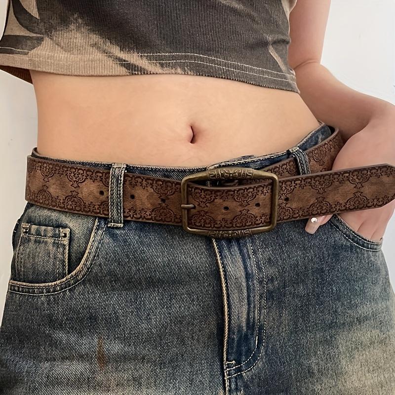

Brown Flower Embossed Belts Classic Pin Buckle PU Waistband Western Jeans Pants Belts коричневый