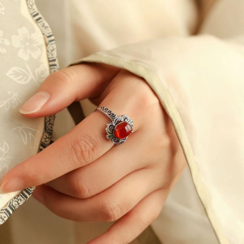 Adjustable Vintage Red Agate Enamel Ring Women Men Geometric Boho Statement Jewelry