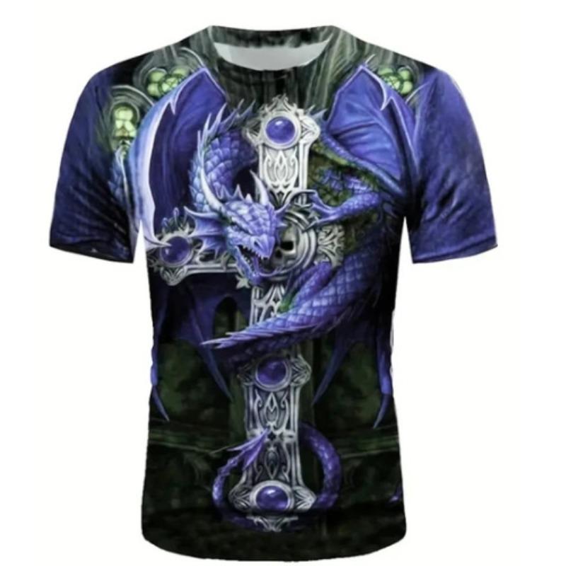 Men's 3D Printed T-Shirt Vintage Dragon Pattern Print Short Sleeve O-Neck Pullover Casual Top