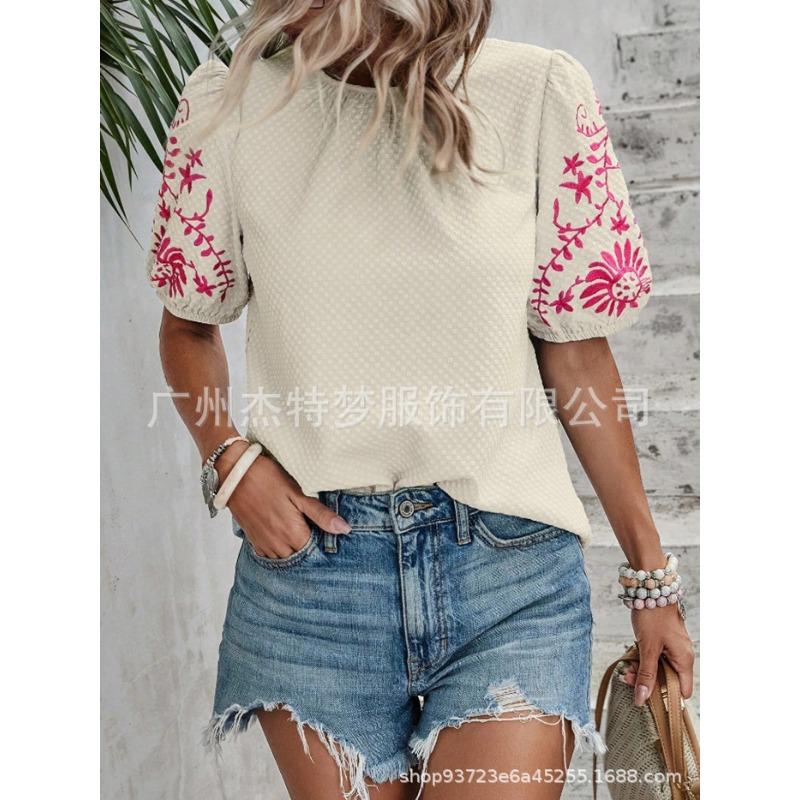 

Летняя новая вышитая футболка с круглым вырезом и короткими рукавами-буфами, женская модная, простая и универсальная XXL абрикосовый
