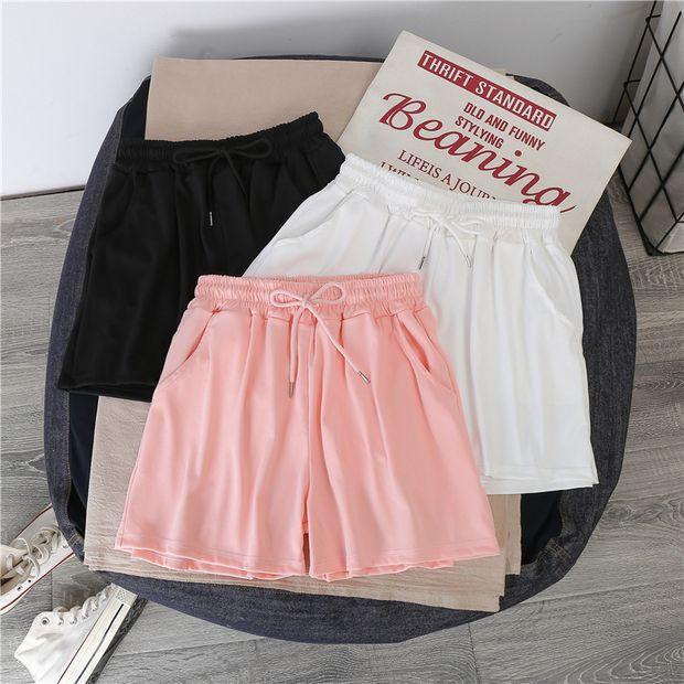 Women's Drawstring Elastic Waist Wide Leg Shorts A-Line Casual Shorts Thin Polyester Summer Sports Bermuda Shorts