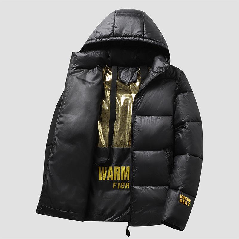 Men's High-End Black and Gold Cotton Hooded Winter Jacket – Warm, Thick, Windproof, Cold-Resistant Outerwear