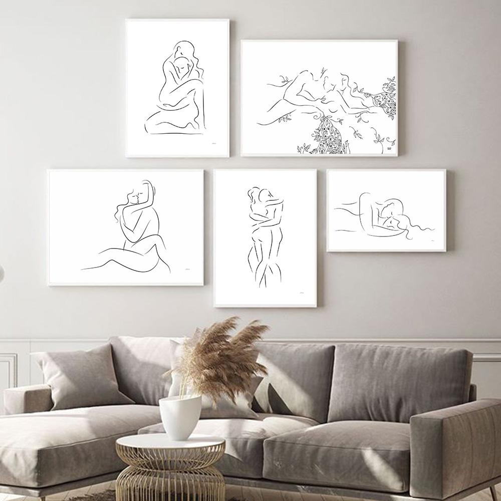 Print couple wall art canvas painting line drawing couple hand love kiss posters and prints Scandinavian paintings decor living room