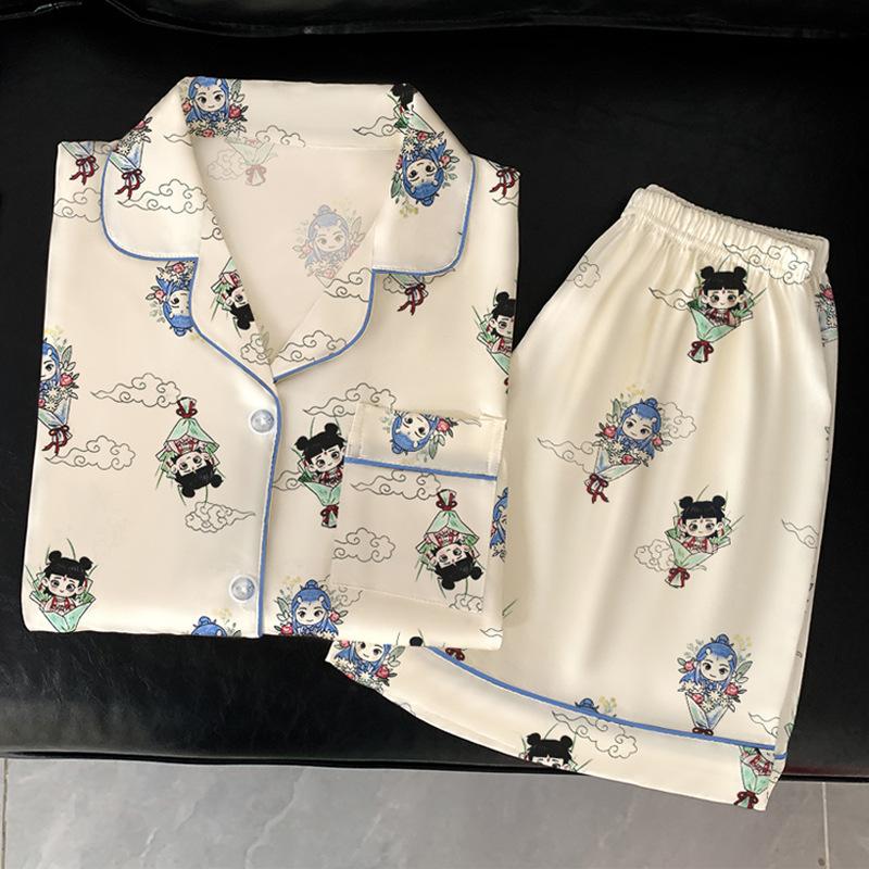 Popular Fresh Ice Silk Pajamas Women'S Summer Cute Girl Short-Sleeved Suit Silk Loungewear