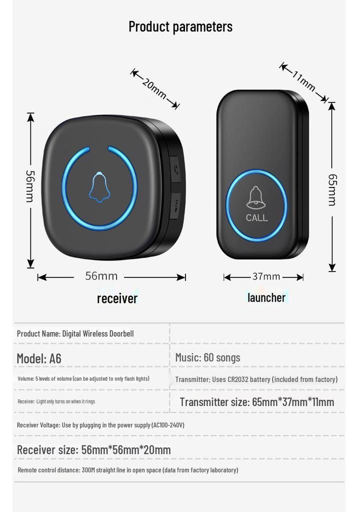 Wireless Smart Doorbell with Long-Range Remote Control and Chime for Home Entry and Elderly Assistance