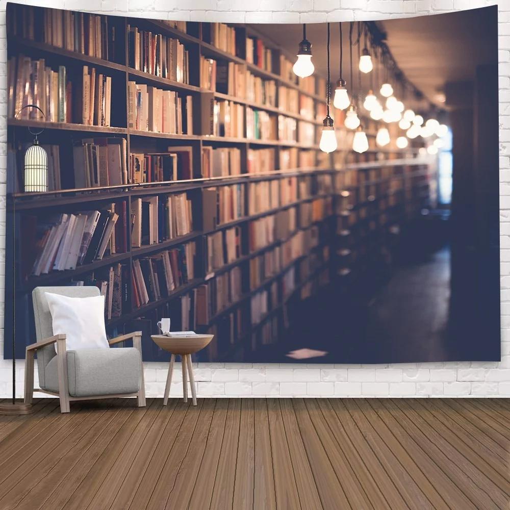 Bookshelf Tapestry, Digital Illustration Of Abstract Design Library In Forest Academic Themed Picture, Wall Hanging Wall Decor