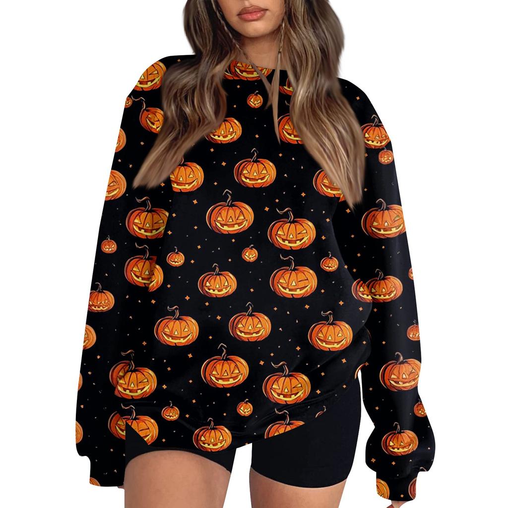 Women's Fashion Casual Long Sleeve Halloween Printed Neck Sweatshirt Top