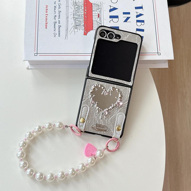

For Samsung Zflip6 Folding Screen Flip Fold7 Bracelet for Huawei Pocket2 Leather Love Mirror Mobile Phone Case For Samsung ZFlip3