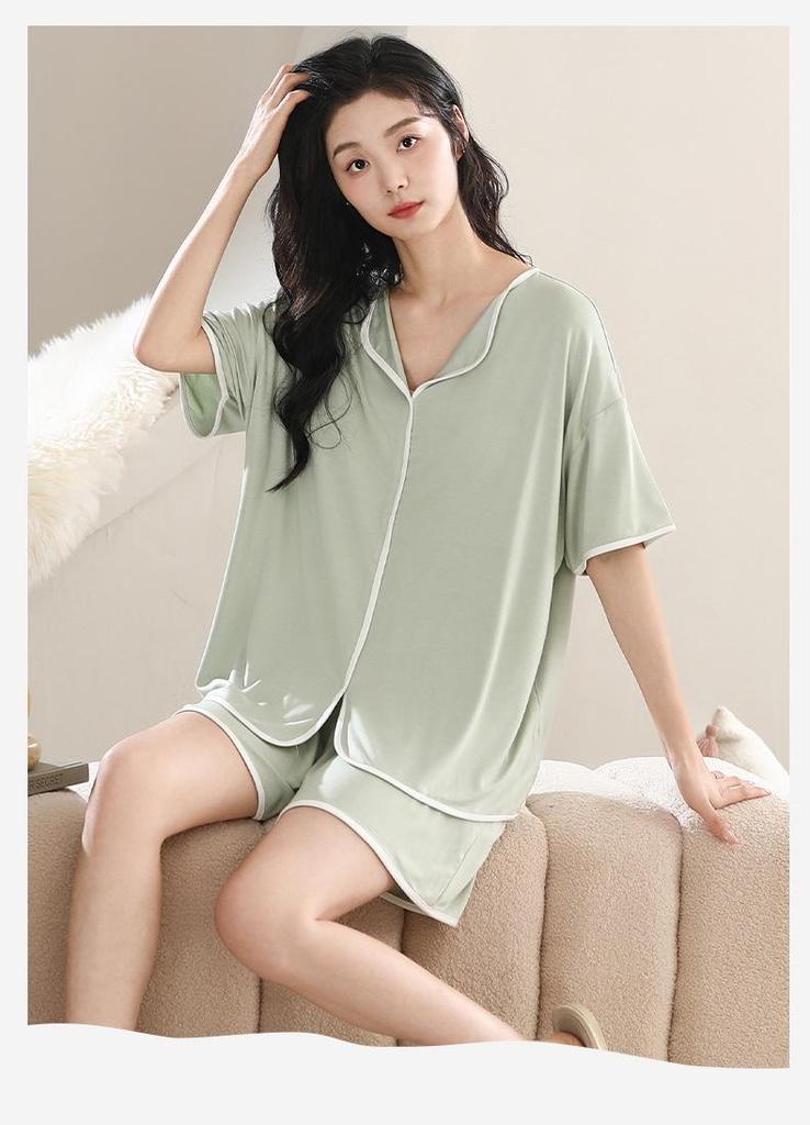 Pijama de Modal Refrigerante para Mujer con Sujetador Incorporado, Manga Corta, Amigable con la Piel, Color Sólido, Adecuado para Usar al Aire Libre