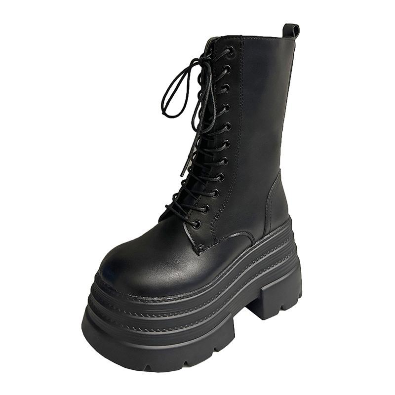 Skinny boots for women's autumn four seasons new 10cm thick-soled heightening muffin knight but knee boots
