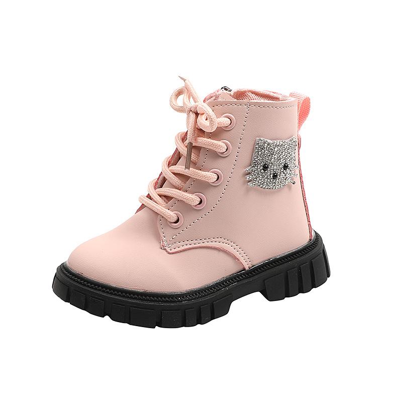 

Детские модные ботинки, ботильоны для маленьких девочек со стразами и рисунком кота, нескользящие детские ботинки для верховой езды, повседневная обувь 26