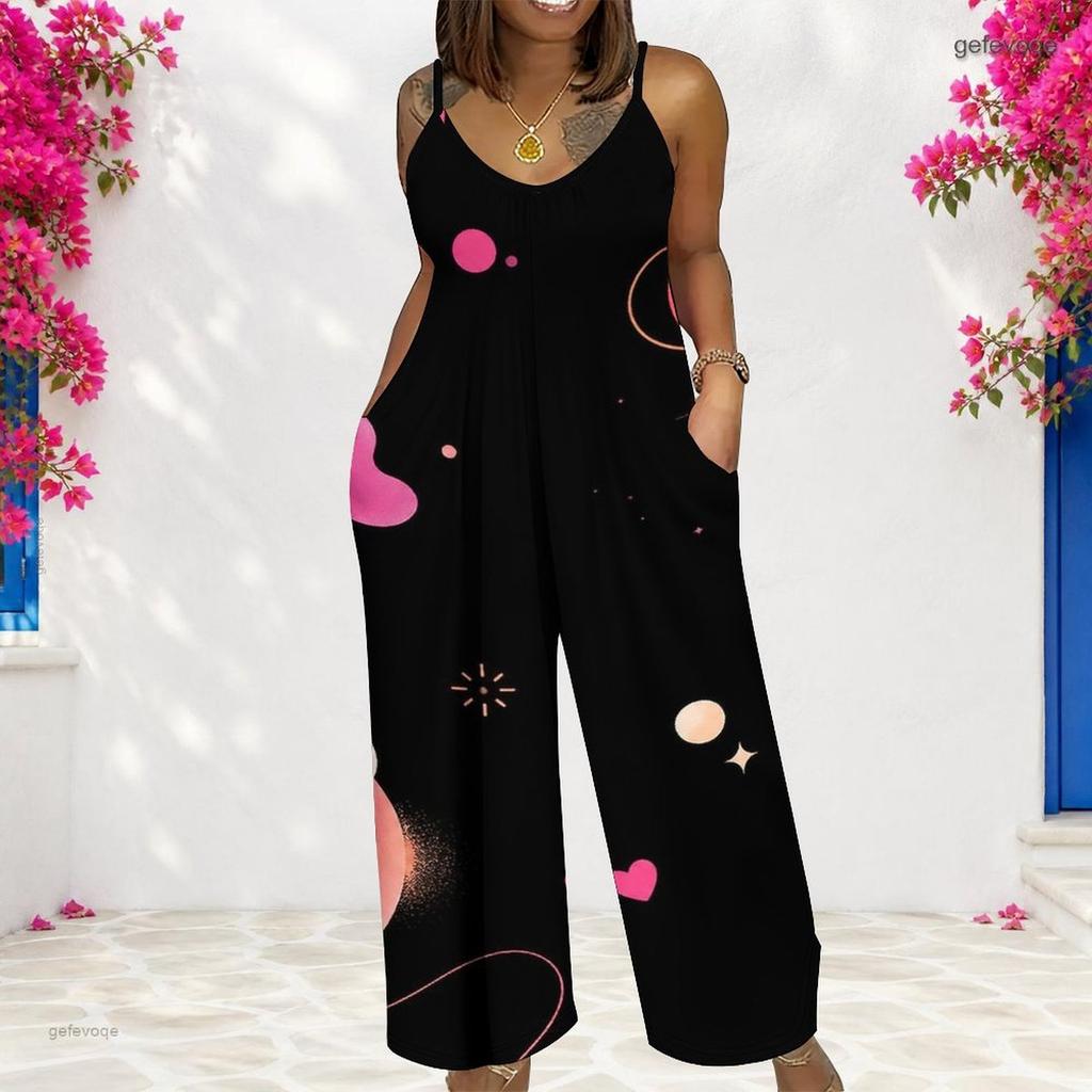Women Spaghetti Strap Jumpsuit Pink Heart Flower Print Wide Leg Pants With Pockets