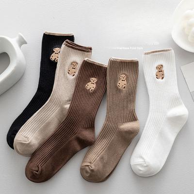 Women's Long Socks, Women's Pile Socks, Double-needle Embroidered Bear, Autumn and Winter Trendy Cotton Socks, Black and White Socks