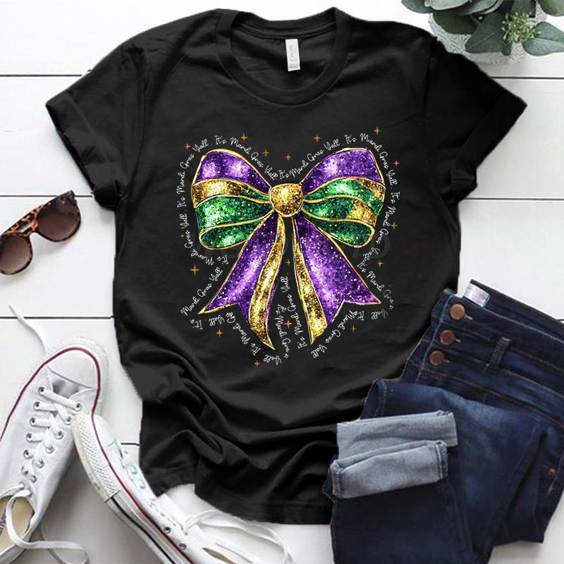 Coquette Bow Mardi Gras Shirt for Women Carnival Glitter Bow Graphic Tee Fat Tuesday Shirt Mardi Gras Party Crew Neck Clothing
