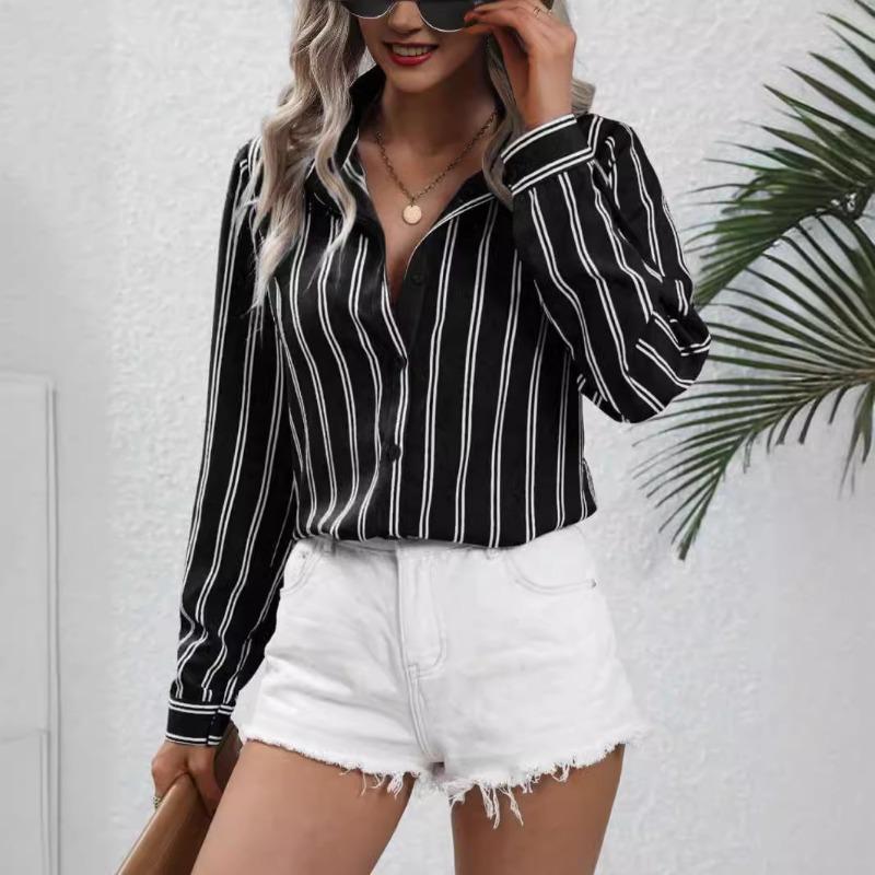 Women's Shirt Autumn Commuting Style Fashion Lapel Blouses Striped Loose Long Sleeved Shirt Women
