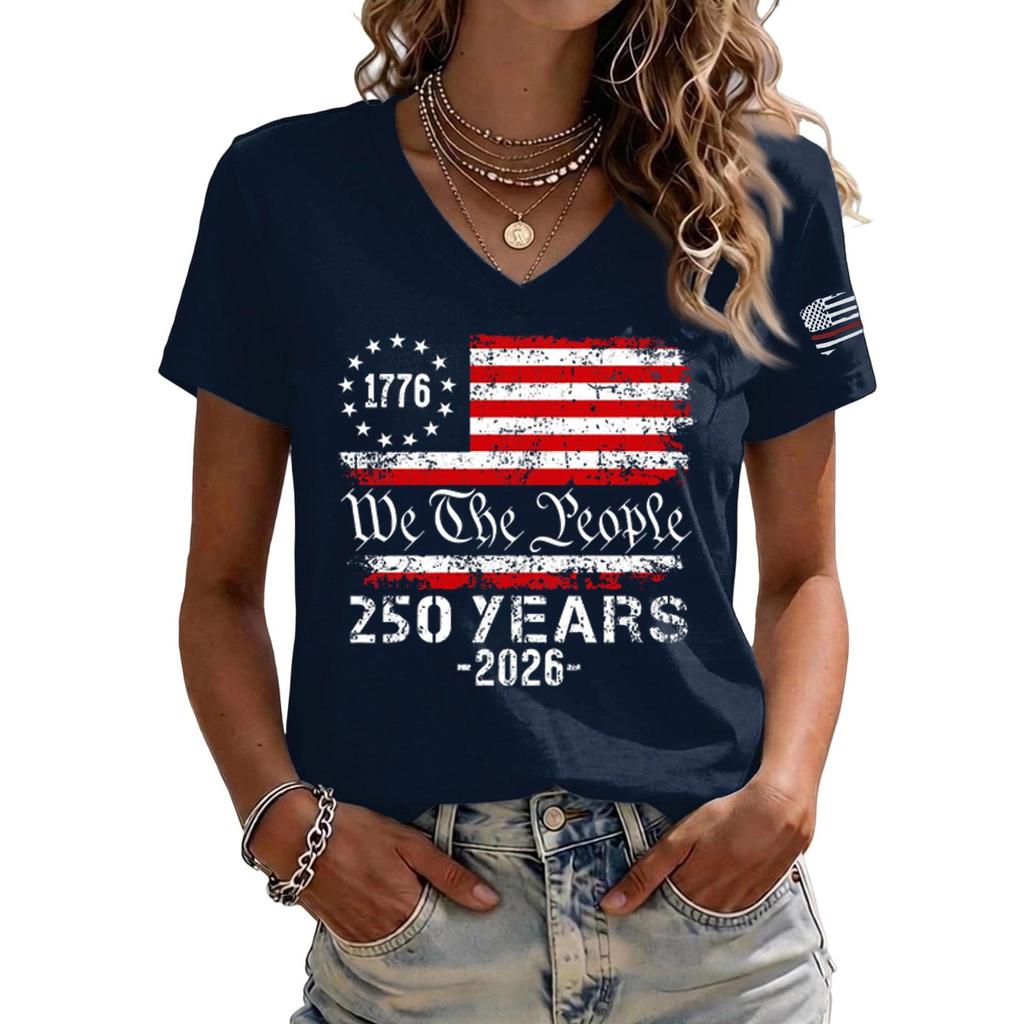 Womens Casual V Neck Short Sleeve Pullover T Shirt with 1776 2026 Flag Print Comfortable Fit Soft Fabric Top