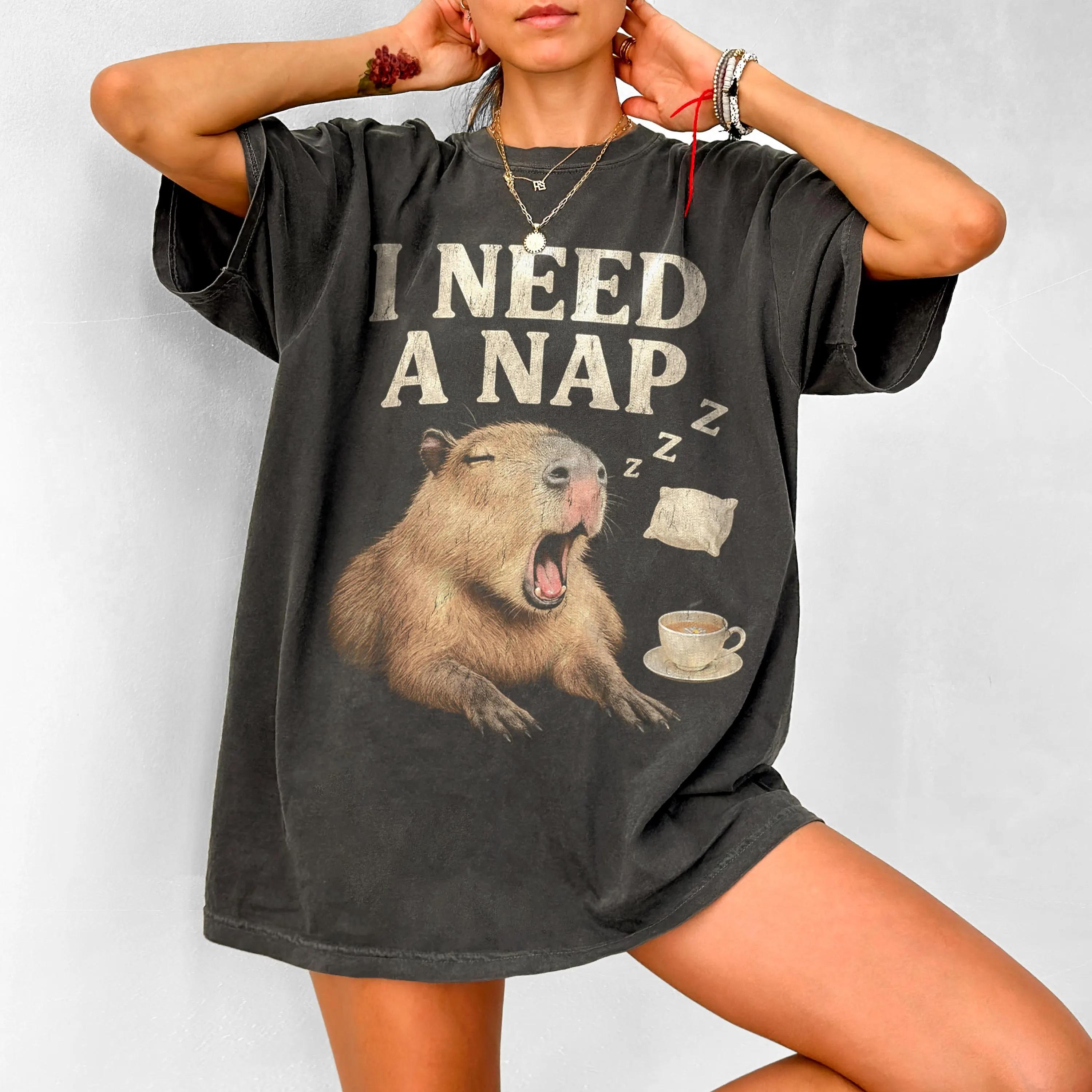 

2026 Summer Womens Vintage Nap Capybara Graphic Print TShirt Unisex Cotton and Breathable Short Sleeve Oversized Loose Casual S