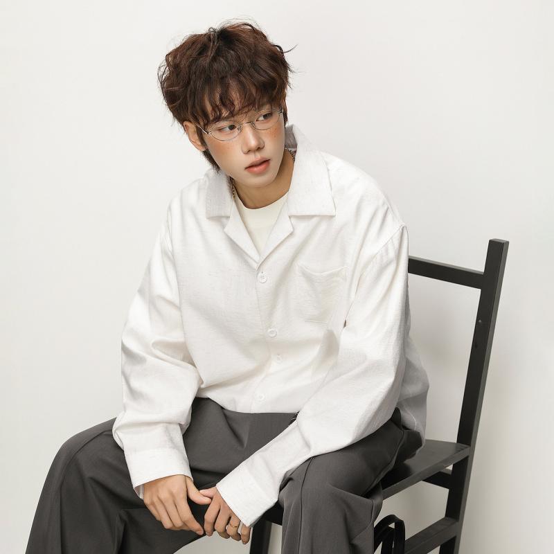 New long-sleeved shirt for men, spring style, textured slightly wrinkled linen feel shirt, simple drapey jacket