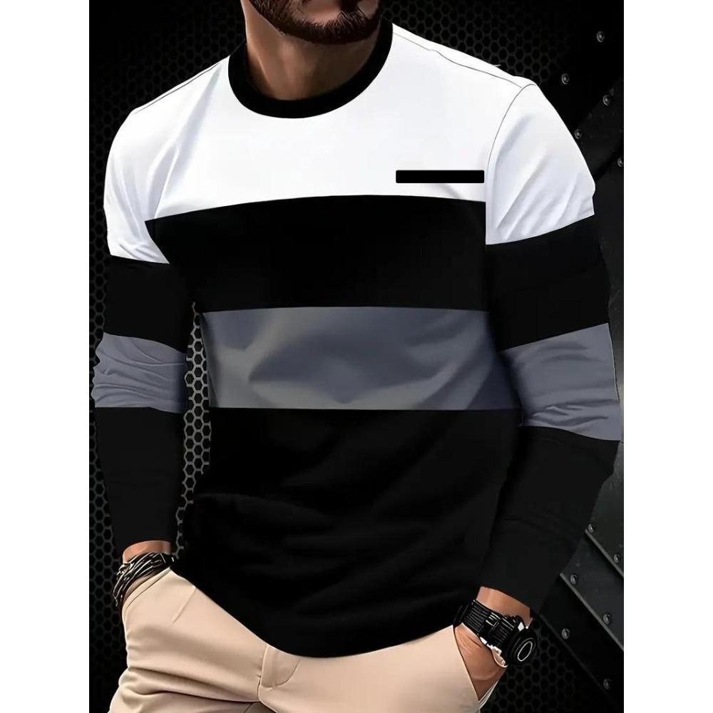 Fashionable Casual Long Sleeved T-shirt Soft Comfortable Vintage Creative Stripe 3d Printed Versatile Loose Men s T-shirt S