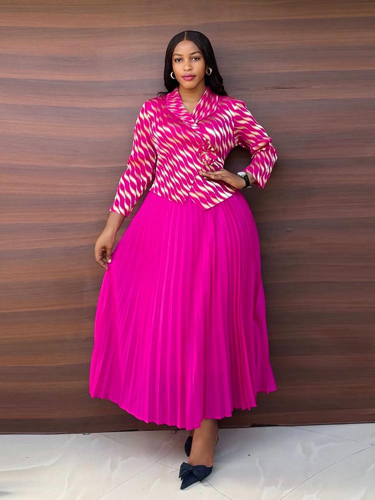 Plus Size Women's High-End Gold Foil Print Pleated Dress with Faux Two-Piece Long Skirt - Casual Style