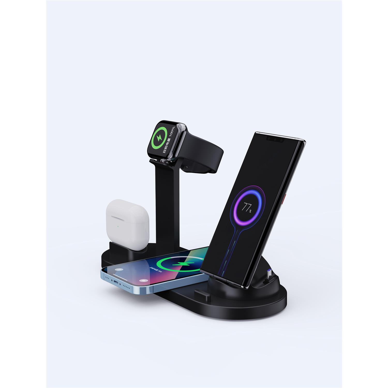 

Подставка для быстрого беспроводного зарядного устройства 15 Вт для iPhone 14, 13, 12, 11, 8, Apple Watch, складная зарядная станция 4 в 1 для Airpods Pro iWatch 01 чёрный
