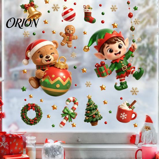 No Glue Window Decorations 2PCS Christmas Static Sticker, Cute Cartoon Elves And Bears Removable Festive Stickers Print, PVC Glass for Holiday