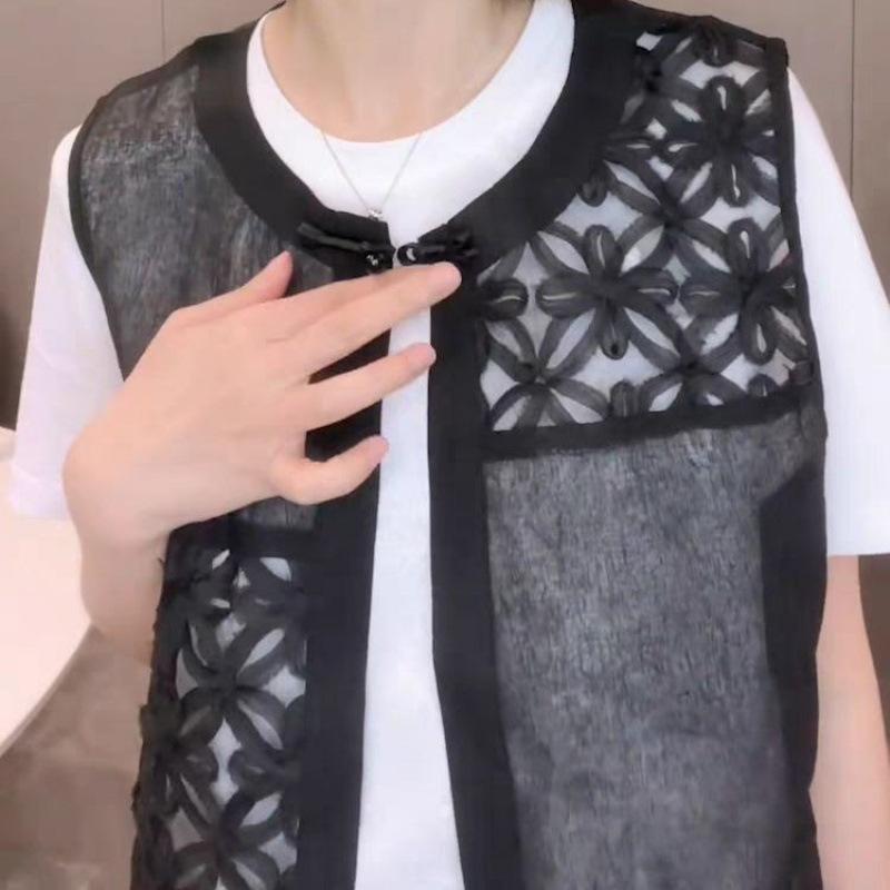 

Новый летний жилет-топ в китайском стиле для женщин, тонкий, с круглым вырезом, короткая жилетка-куртка S чёрный