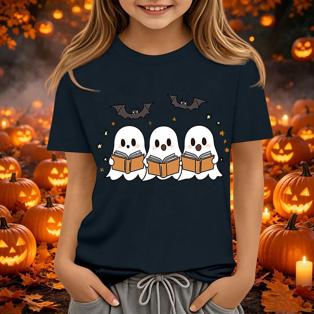 Kids Halloween Printed Neck Short Sleeve T-Shirt Loose Fit Casual Top