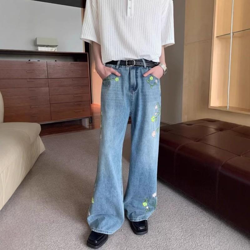 Mens Embroidered Floral Denim Jeans Loose Straight Leg Casual Pants Mid-Rise Stretch Cotton 2025