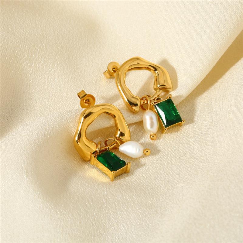 Delicate French Vintage Earrings for Women Girl Green Cubic Zirconia Pendant Earrings Fashion Geometric Pearl Charms Jewelry
