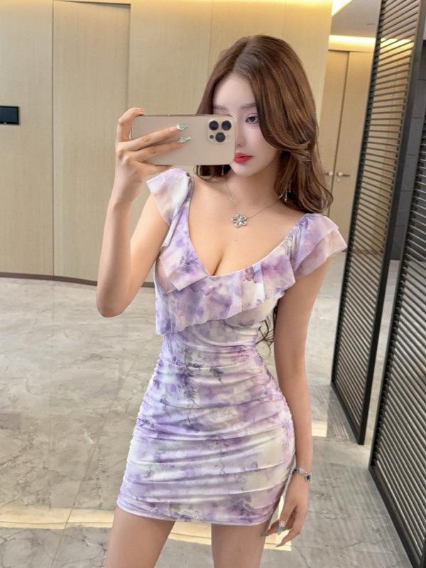 Sexy Mesh Ruffle Short-Sleeved Nightclub Dress - Slimming Hip-Wrapping Style