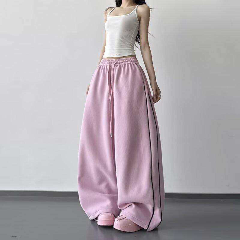 Women s Spring & Autumn Black Drawstring Wide-Leg Sports Pants - Loose, Slimming, Casual Drape Style 2XL розовый