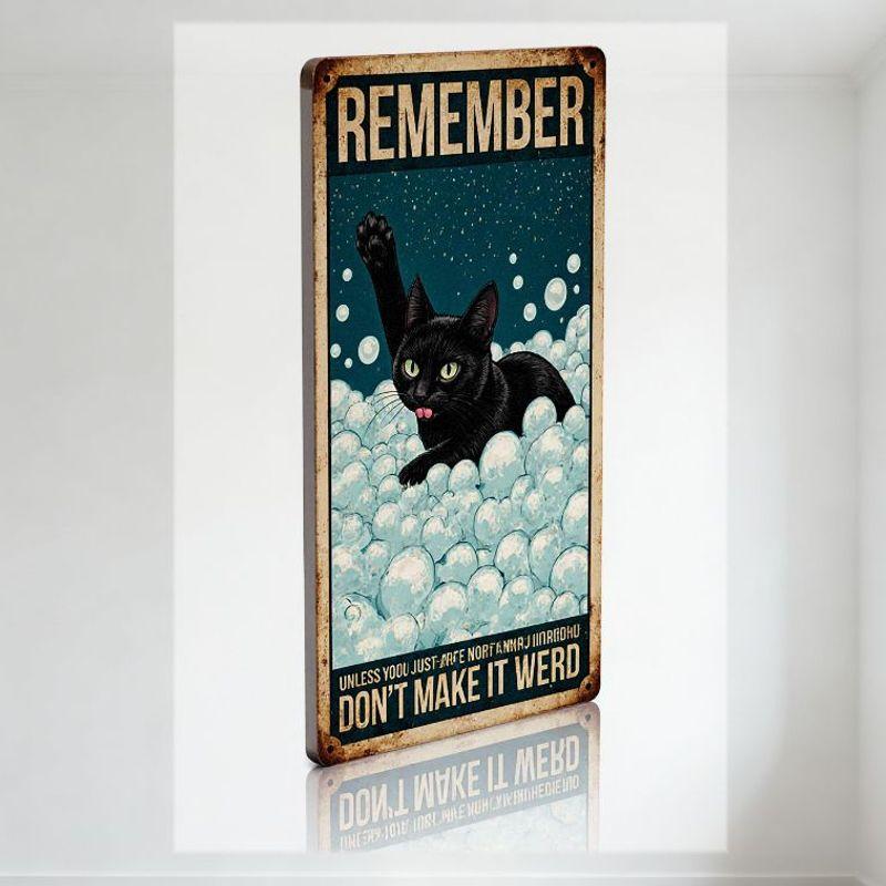 

Vintage Rustic Teal White Bubbles Metal Tin Sign with Black Cat, REMEMBER DON T MAKE IT WEIRD Funny Quote, Rusty Edge Wall Dec 20x30cm（7.8x11.8inch）