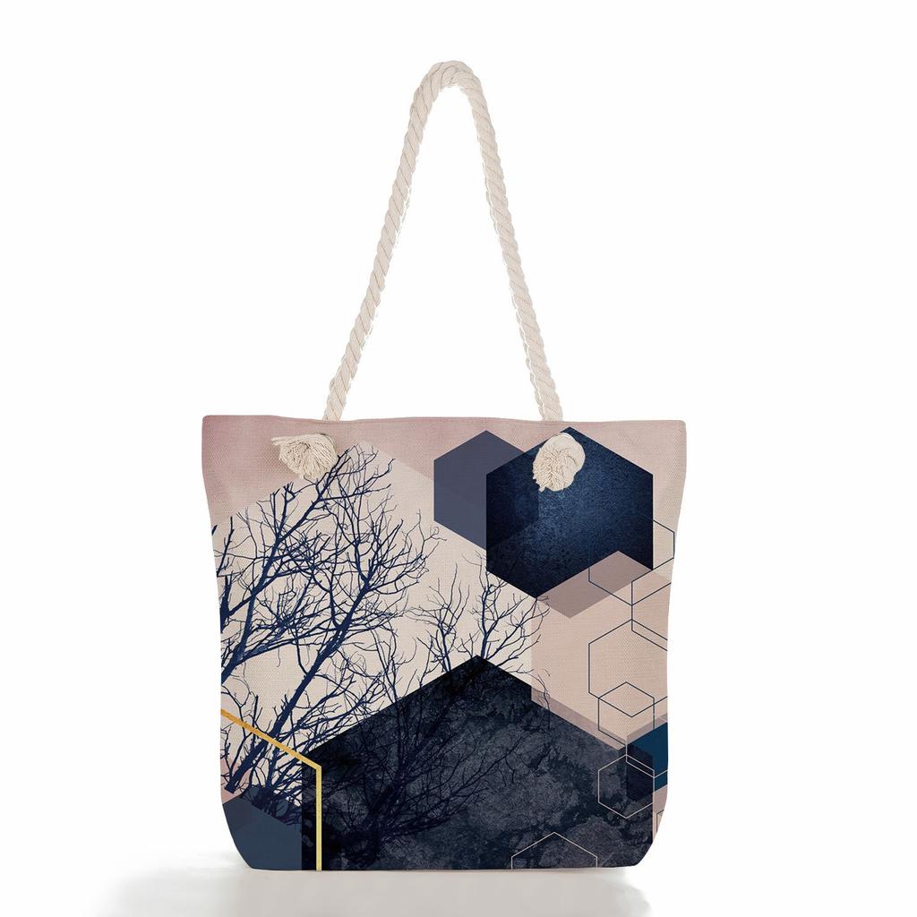 Multifunctional Geometric Shapes Printed Thick Rope Shoulder Beach Bag Casual Large Capacity Handbag 7591