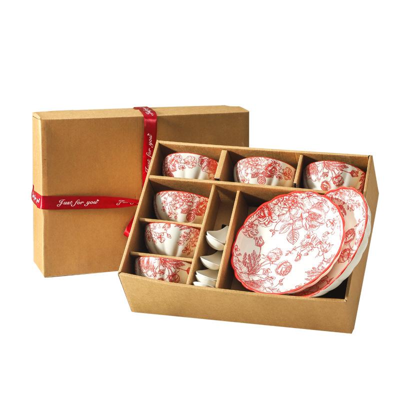 Bowl Set, Red Rose Household Chinese Wedding Housewarming Gift, Ceramic Bowl Wedding Gift Box Set