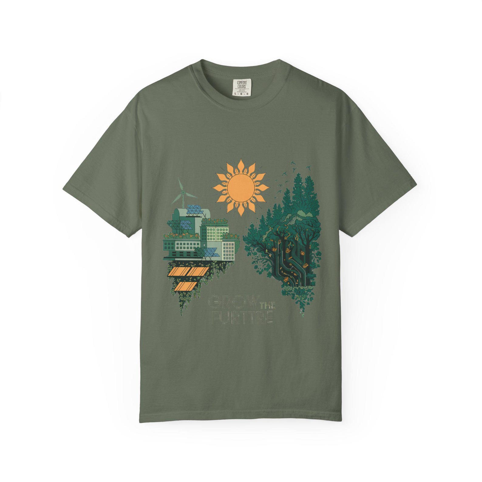 Solarpunk Eco Futurism Graphic Tee Grow The Future | Green City | Comfort Colors 1717 Garment Dyed L