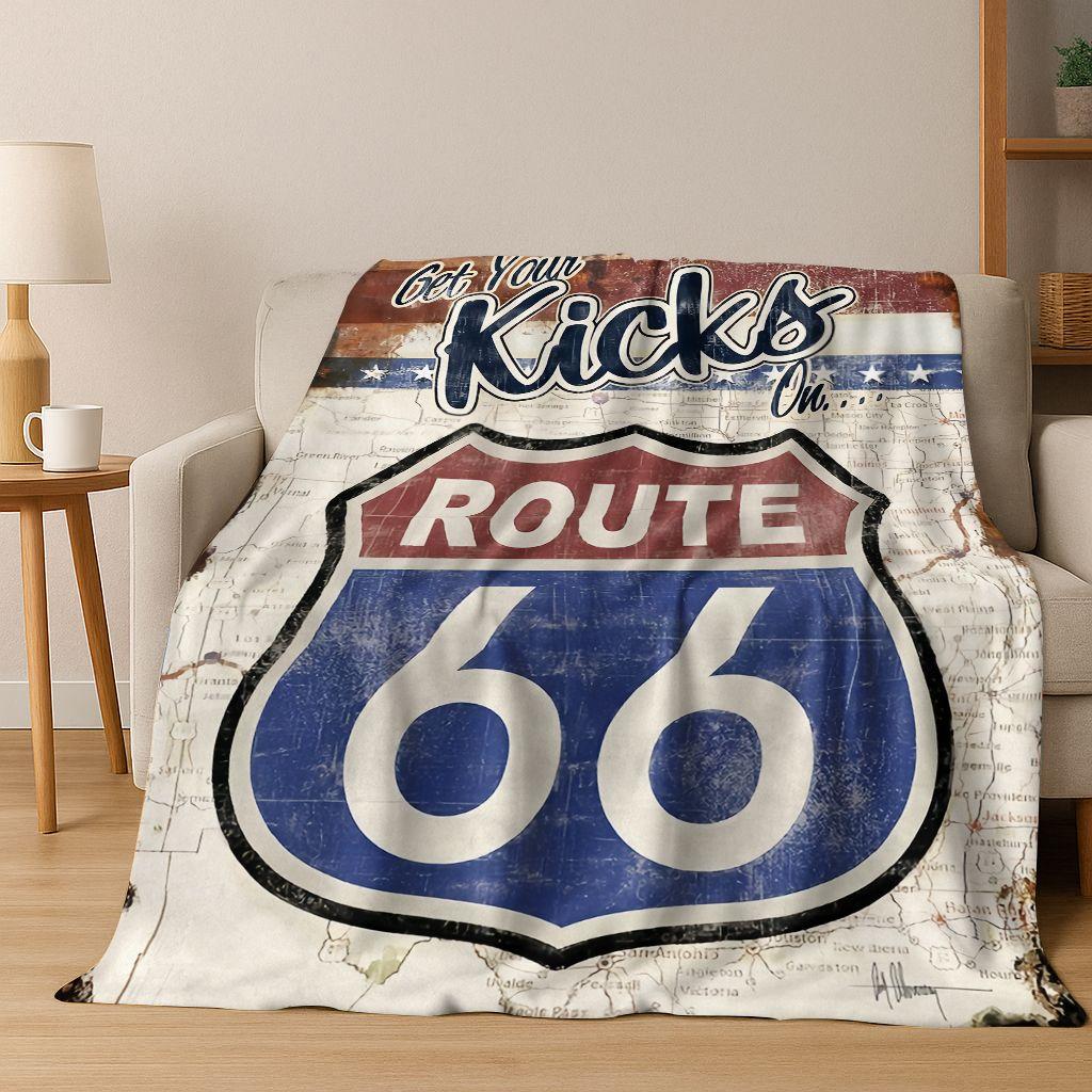 Retro Route 66 Road Trip America Historic Mother Road Art Flannel Blanket,Cozy Soft Throw Blanket for Home Bedroom Bed Sofa Gift