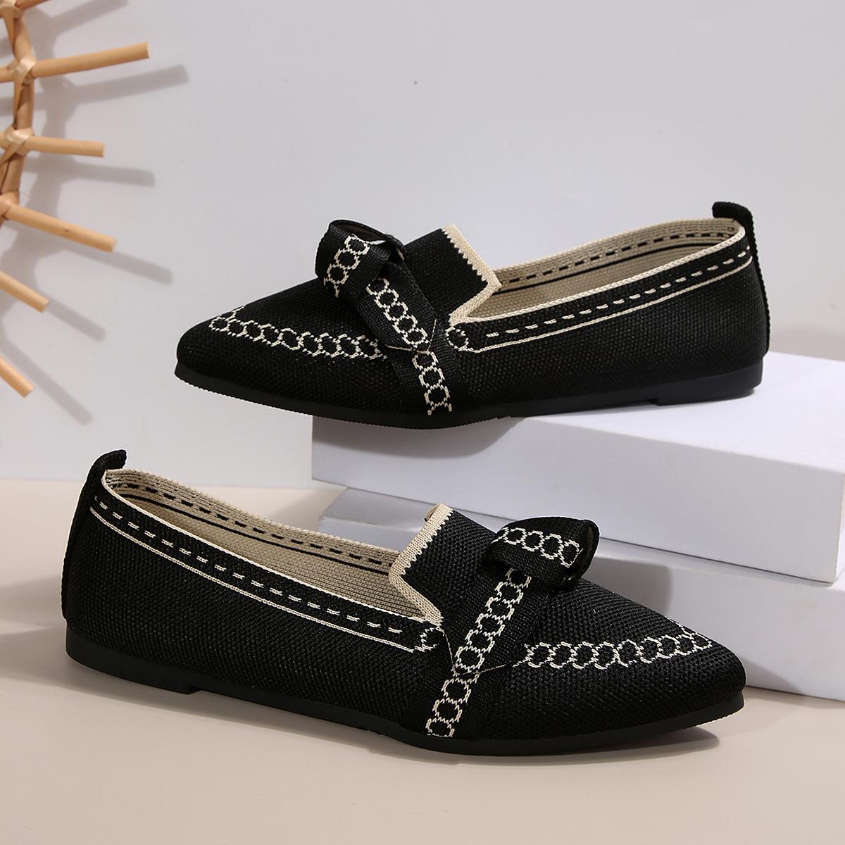 Женские однобортные туфли женская весна-осень 2025 года новый стиль заостренный носок плоская подошва повседневные туфли Flyknit Bow для женщин 36 чёрный 1530₽