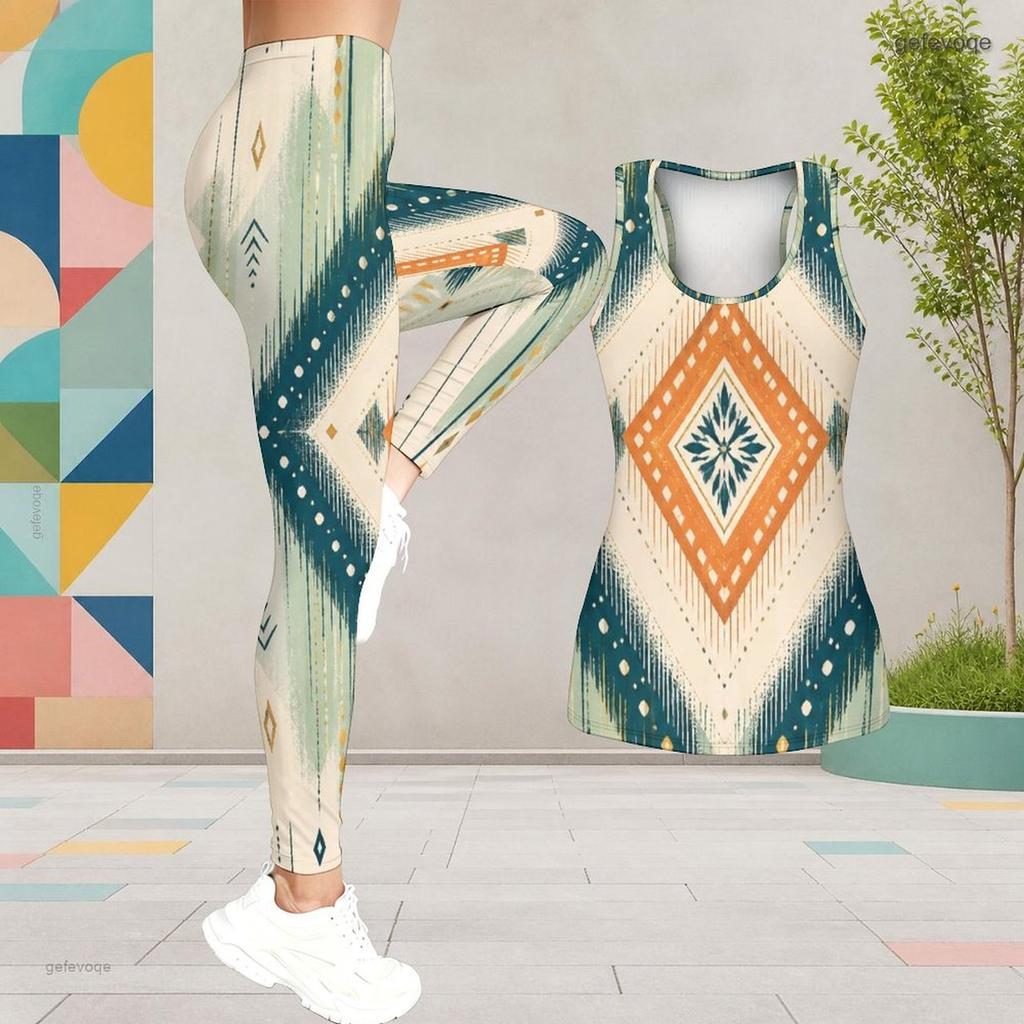 Women Plus Size Printed Scoop Neck Sleeveless Longline Tank Top Fitted Pants Two Piece Set