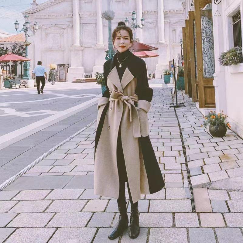 

Hepburn Style Color Block Wool Trench Coat - 2025 Winter Women s Loose Mid-Length Extra Large