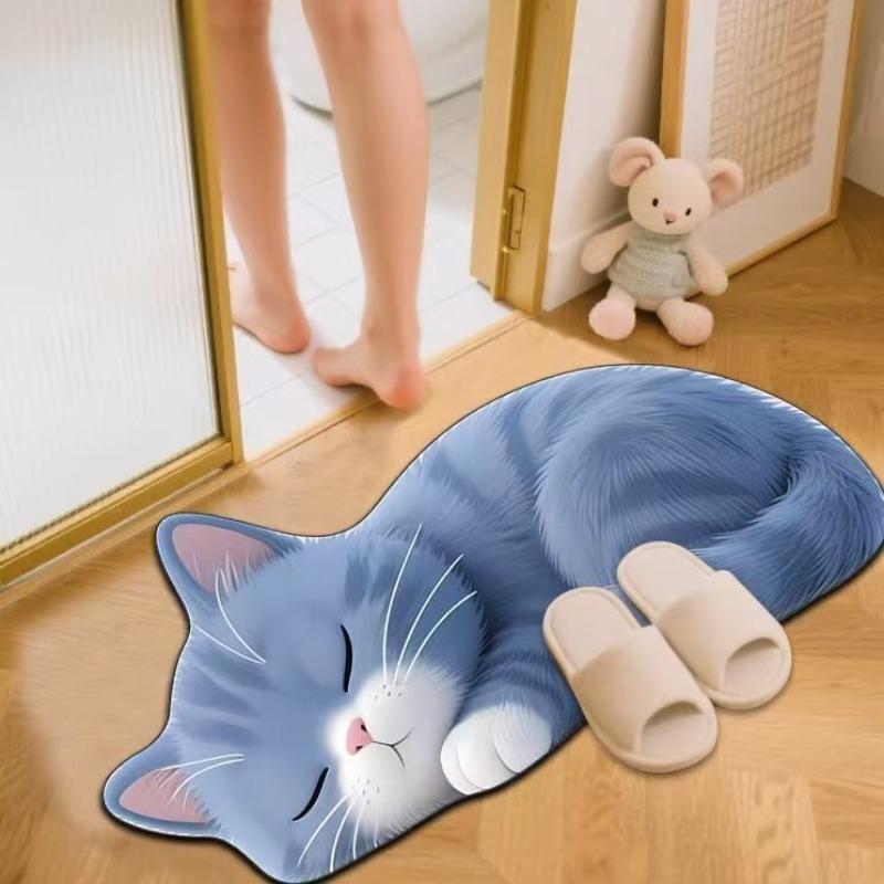 Floor Mat Non-Slip Backing Cat Design Easy Maintenance Versatile Rug Living Room Bathroom Kitchen Home Decor