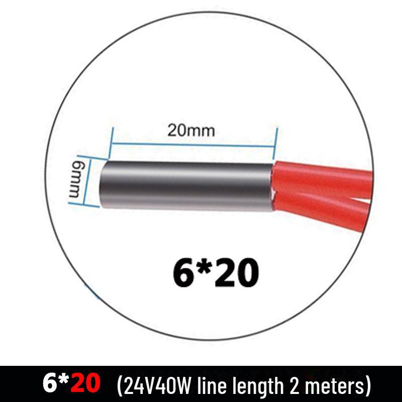 Topná tyč 3D tiskárny, průměr 6 mm, délka 2030 mm, 12V/24V, 40W, délka vodiče 2 m
