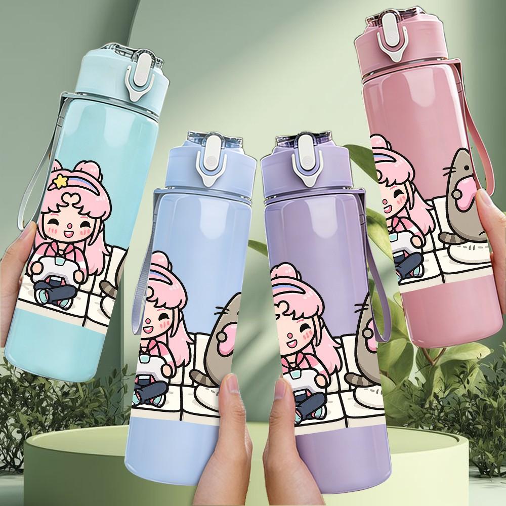 1PC Chubby Cat Girl Cartoon 750ml Color Plastic Sports Water Bottle Leakproof Flip Straw Lid Suitable for Sports Office Home Use