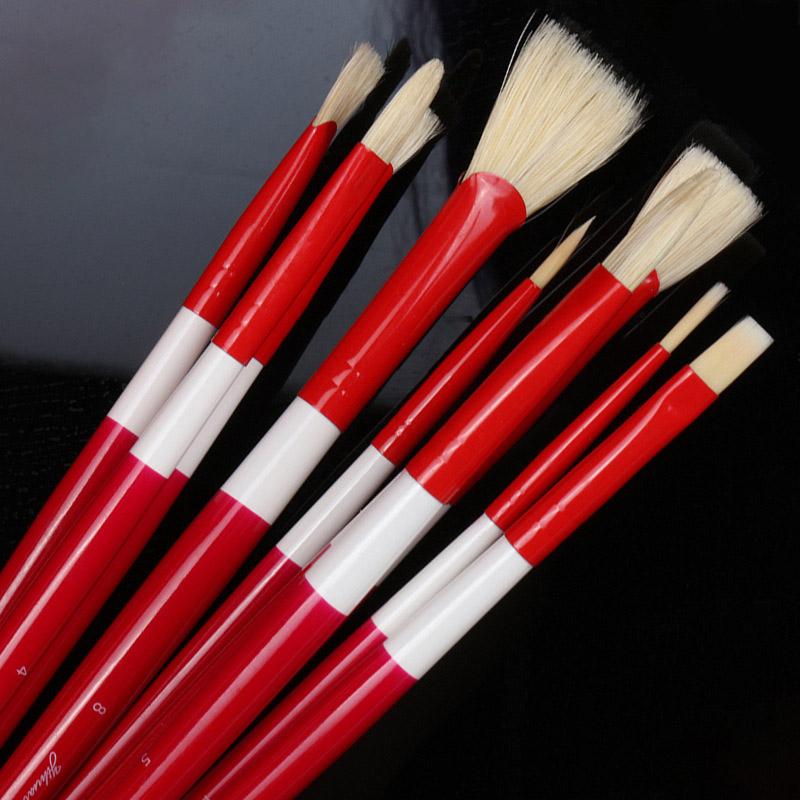 JOWOART 10 Pcs Multi-function Pig Bristle Red Long Birch Pole Paintbrush Fan-shaped Acrylic Oil Painting Gouache Brush Set Art Supplies