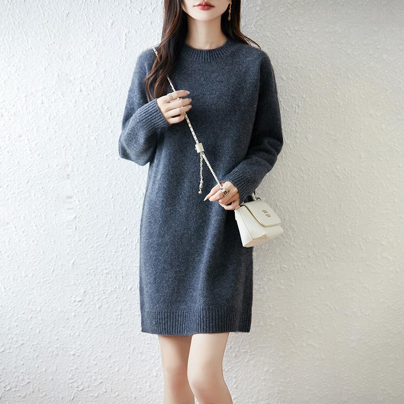 Women Sweater Dress 100% Wool MODERN NEW SAGA O-neck Knit Long Pullover Winter Jumpers Wool Long Dress Female