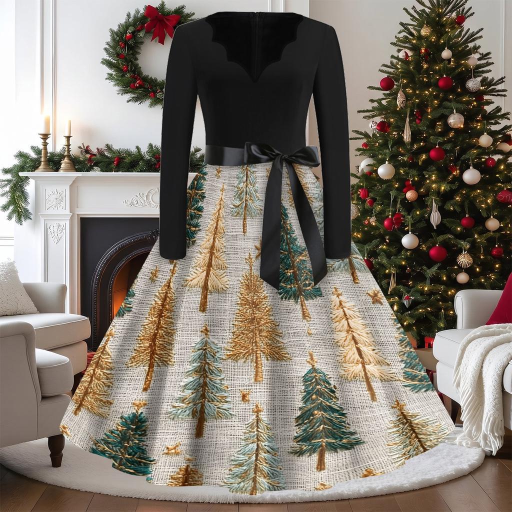Women's Casual Vintage V-Neck Long Sleeve Dress with Christmas Print for Holiday Party